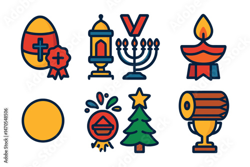 Flat vector icons of religious festivals: Easter egg with cross badge, Ramadan lantern trophy, Hanukkah menorah medal, Diwali diya flame ribbon, Vesak full moon icon, Holi color splash badge,