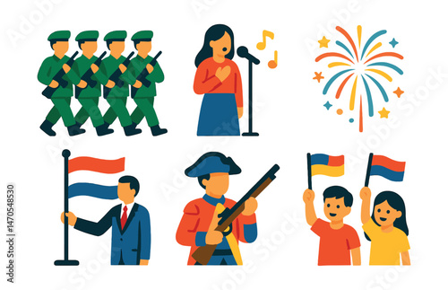 Flat vector icons of traditional events: military parade, national anthem performance, fireworks display, flag-raising ceremony, historical reenactment, children waving flags.