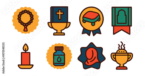 Flat vector icons of prayer accessories: prayer beads badge, scripture book trophy, kneeling cushion medal, prayer mat ribbon, lit candle icon, essential oil vial badge, covered head scarf star,