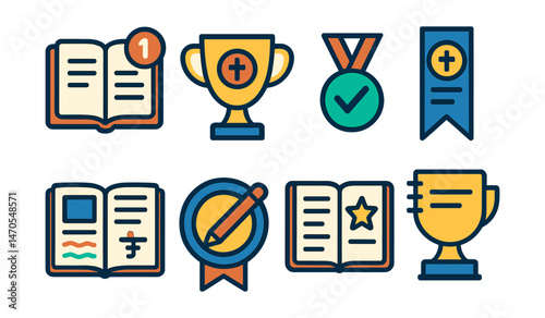 Flat vector icons of prayer journaling: open notebook with date badge, prayer intention list trophy, answered prayer checkmark medal, scripture margin notes ribbon, decorated journal spread icon,