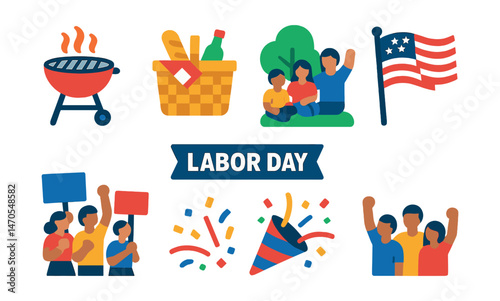 Flat vector icons of Labor Day celebration: BBQ grill, picnic basket, family at park, waving flag, parade with signs, banner with “Labor Day”, confetti explosion, people cheering.