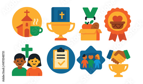 Flat vector icons of community activities: church coffee hour badge, group Bible study trophy, food pantry box medal, donation basket ribbon, kids Sunday school icon, volunteer signup sheet badge,