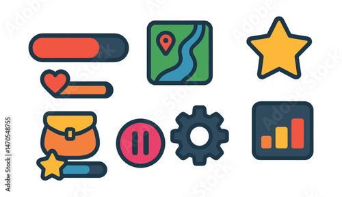 Flat vector icons of gaming user interface: health bar, mini map, inventory bag, level-up star, XP gauge, settings gear, pause button, leaderboard.