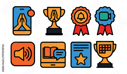 Flat vector icons of digital prayer practices: prayer app screen badge, online prayer request trophy, meditation bell notification medal, virtual prayer call ribbon, guided prayer audio icon,