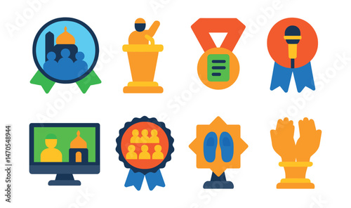 Flat vector icons of Friday prayer setting: Jumu’ah congregation badge, khutbah delivery trophy, sermon notes medal, imam microphone ribbon, prayer announcement screen icon, packed rows badge, mosque