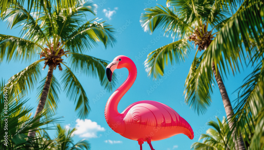 Fototapeta premium A vibrant pink flamingo float playfully stands amidst lush palm trees against a clear blue sky, evoking a tropical summer vibe.
