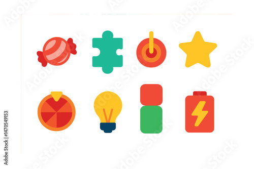 Flat vector icons of casual games: candy icon, puzzle tile, level goal, star reward, daily spin, hint button, match-3 combo, energy refill.