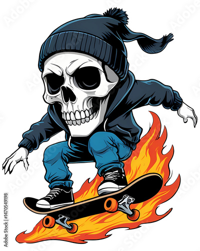 Skater skull in beanie hat and hoodie, riding a skateboard with fire trails, rebellious cartoon sticker