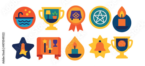 Flat vector icons of preparation for ritual: cleansing bath badge, quiet space setup trophy, altar cloth placement medal, tool arrangement ribbon, protection circle chalk icon, intention setting