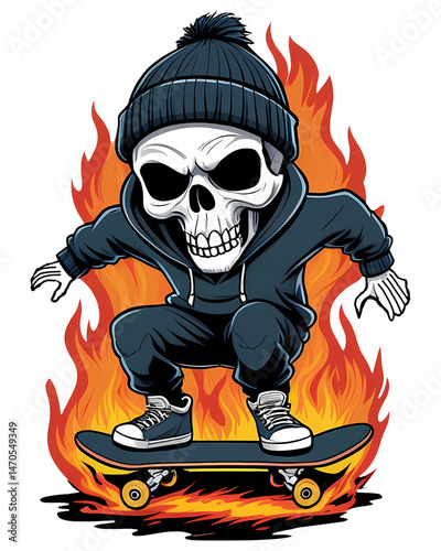 Skater skull in beanie hat and hoodie, riding a skateboard with fire trails, rebellious cartoon sticker