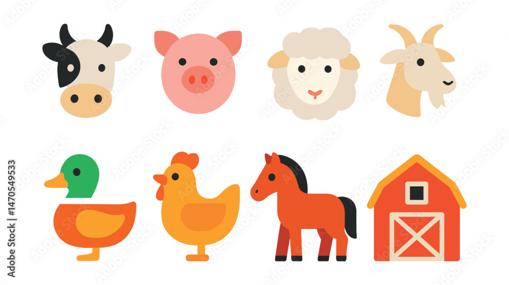 Naklejka premium Flat vector icons of farm animals: cow, pig, sheep, goat, duck, chicken, horse, barn.