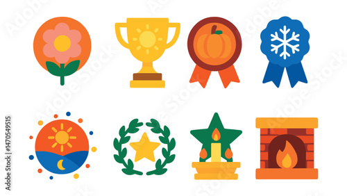 Flat vector icons of seasonal holidays: spring bloom badge, summer sunshine trophy, autumn harvest medal, winter snowflake ribbon, solstice celebration icon, equinox altar badge, seasonal wreath star