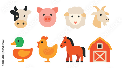 Flat vector icons of farm animals: cow, pig, sheep, goat, duck, chicken, horse, barn.