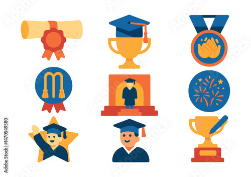Flat vector icons of graduation celebrations: diploma scroll badge, cap and tassel trophy, applause hands medal, honor cords ribbon, graduation stage icon, fireworks finale badge, graduate waving