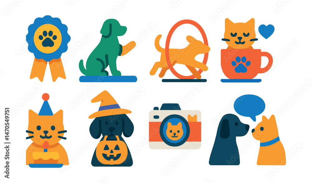 Fototapeta premium Flat vector icons of pet events: pet show ribbon, obedience contest, dog run, cat cafe, pet birthday, costume party, photo shoot, pet meetup.