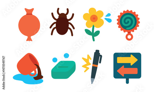 Flat vector icons of classic pranks: whoopee cushion, fake bug, squirting flower, joy buzzer, fake spilled drink, soap that won’t lather, shocking pen, switcheroo sign.