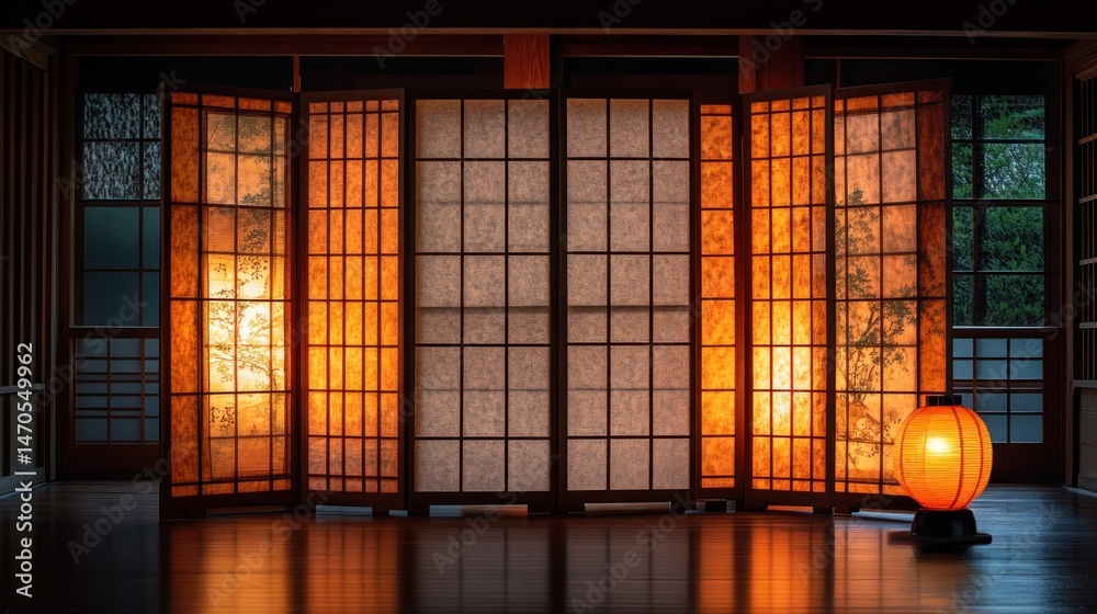 Fototapeta premium Illuminated Shoji Screens in Traditional Room