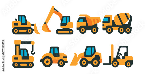 Flat vector icons of construction vehicles: bulldozer, excavator, dump truck, cement mixer, crane truck, roller, front loader, forklift.