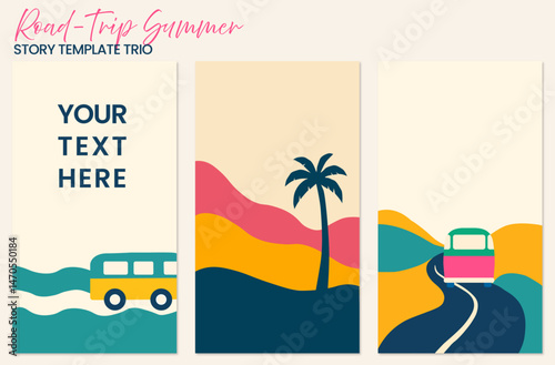 Road‑Trip Summer Travel Vacation in a Van Story Template Trio – 3 Flat Vector Instagram Layouts with Camper, Palm & Winding Road
