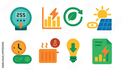 Flat vector icons of energy efficiency: smart meter, power usage chart, eco mode icon, solar power link, auto-off schedule, heating control, low-energy symbol, energy report.