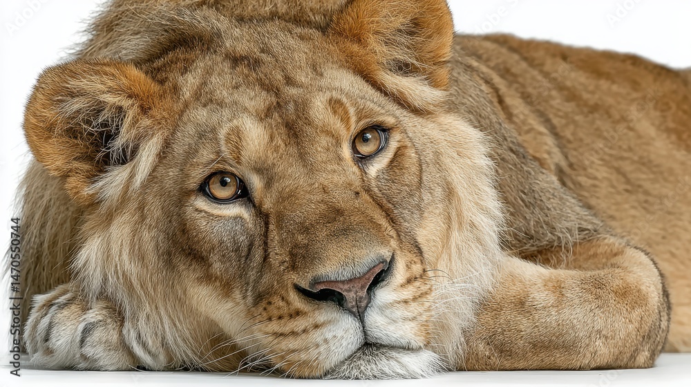 Obraz premium African lion lying down, isolated on background