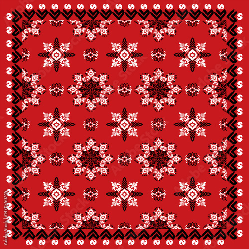 Elegant scarf pattern design. Hijab motif ornament, fabric kerchief vector wallpaper, Ornamental paisley graphic for a bandana, Geometric ornament with frame and border. Line art, lace, embroidery