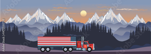 Truck drive in North America Snow Mountains on background