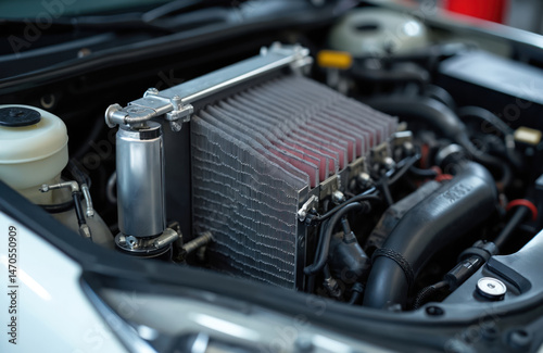 Wallpaper Mural Car engine cooling system. Automotive repair maintenance concept. Radiator, cooling system parts, filters inside dismantled car bonnet. Mechanic service in auto repair shop. Torontodigital.ca