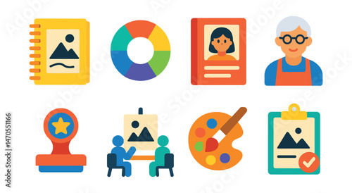 Flat vector icons of art education: sketchbook, color theory chart, student portfolio, art teacher, feedback stamp, art class icon, test palette, exam board.