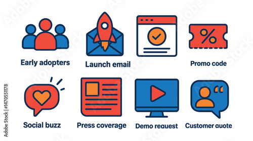 Flat vector icons of startup marketing: early adopters, launch email, waitlist page, promo code, social buzz, press coverage, demo request, customer quote.