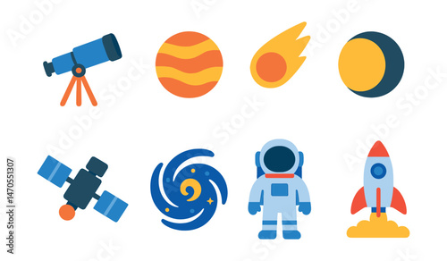 Flat vector icons of astronomy and space: telescope, planet, comet, moon phase, satellite, galaxy swirl, astronaut, rocket launch.