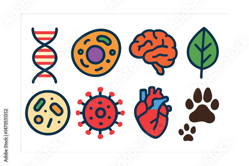 Flat vector icons of biology and life sciences: DNA helix, cell structure, brain, leaf vein, microscope view, virus icon, heart anatomy, animal tracks.