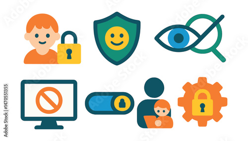 Flat vector icons of basic internet safety: child with padlock icon, shield with smiley face, eye with line through, safe search symbol, restricted access screen, parental control toggle, child using