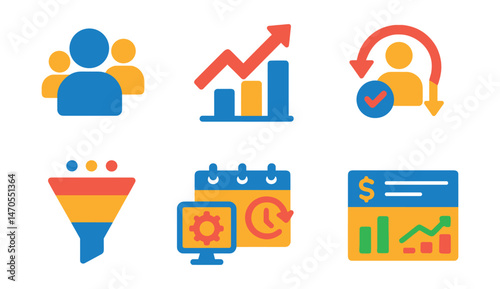 Flat vector icons of startup analytics: user metrics, growth chart, conversion rate, churn icon, customer funnel, product usage, retention rate, revenue dashboard.