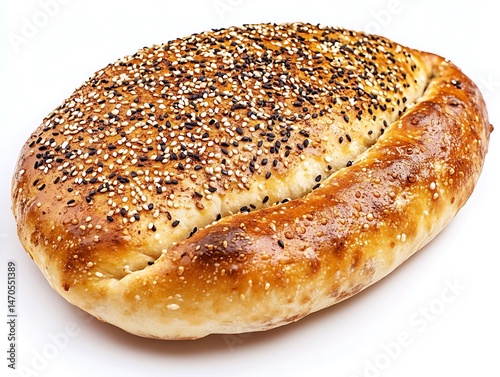 Oval Pita Bread Golden Brown Baked with Sesame Seeds on White Surface, Isolated
