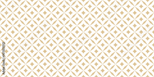 Abstract geometric seamless pattern. Golden minimal vector background. Simple geometric leaf ornament. Elegant gold and white texture with diamond shapes, stars, rhombuses, floral grid. Repeat design