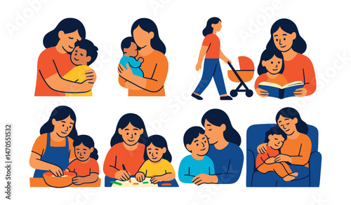 Flat vector icons of mom and children moments: mother hugging child, holding baby, walking with stroller, reading together, baking with kids, drawing together, kiss on cheek, cuddling on couch.