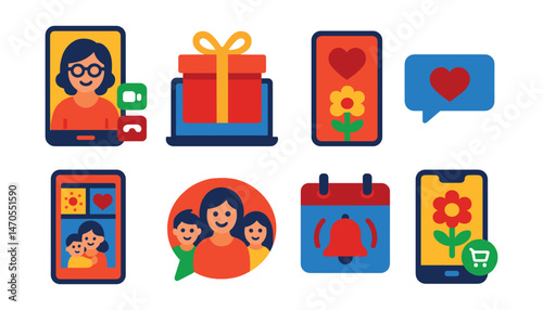 Flat vector icons of digital Mother’s Day: video call with mom, online gift delivery, digital greeting card, message with heart emoji, photo collage post, family chat group, calendar alert, mobile