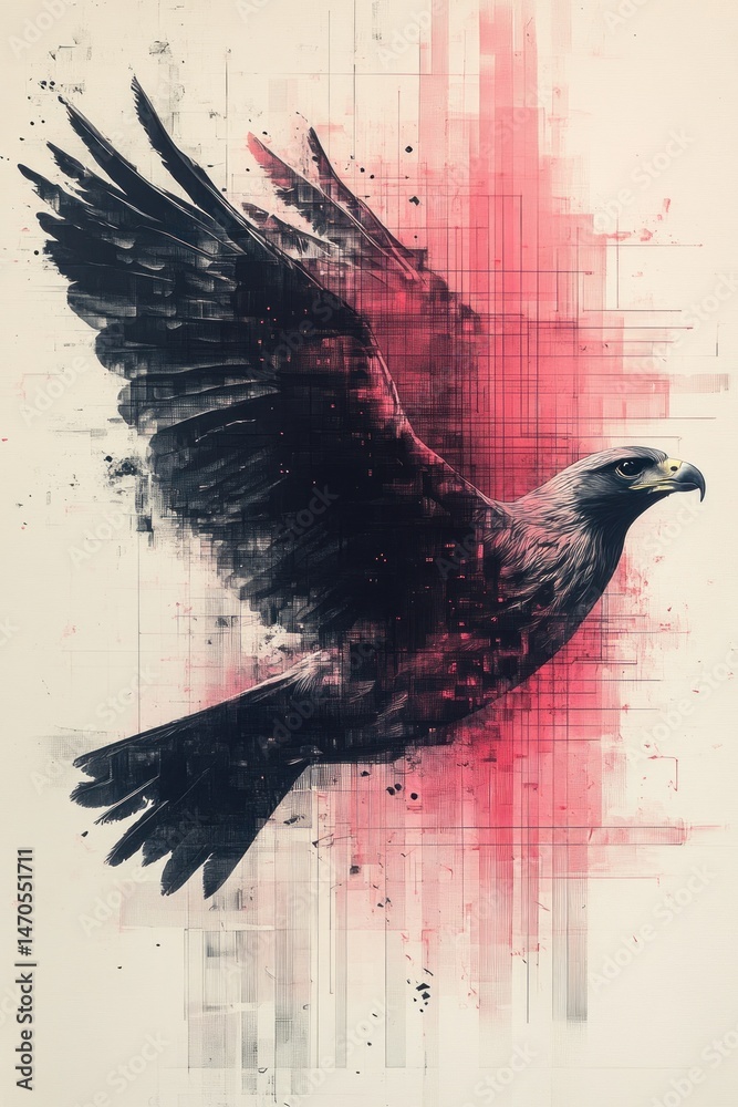 Fototapeta premium Majestic eagle soaring, red abstract background, wildlife art, freedom concept