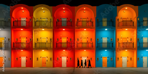 Colorful modern apartment facade with bright doors and balconies, illuminated at night, featuring a person walking by, symbolizing urban lifestyle and vibrant architecture.
 photo