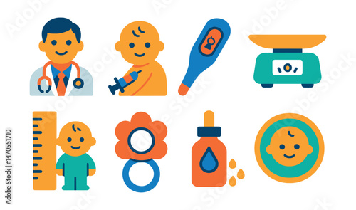 Flat vector icons of child healthcare: pediatrician, vaccination, baby thermometer, baby scale, growth chart, teething toy, baby drops, checkup sticker.