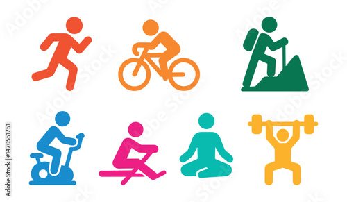 Flat vector icons of sports modes: running icon, cycling mode, swimming tracker, hiking mode, indoor training, rowing icon, yoga tracking, strength training.