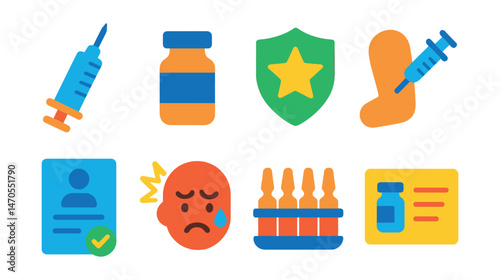 Flat vector icons of vaccination: syringe, vaccine bottle, immunity shield, injection arm, consent form, side effect icon, vial pack, vaccine card.