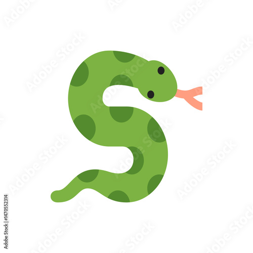 Illustration of a green snake with dark green spots and a pink tongue on a white background coiled up shape