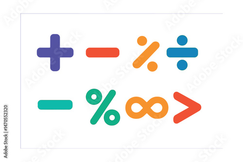Flat vector icons of mathematical symbols: plus sign, minus sign, multiplication symbol, division sign, equal sign, percent symbol, infinity icon, greater than sign.