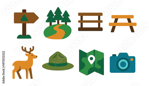 Flat vector icons of national park visit: park sign, forest trail, observation deck, picnic table, wildlife icon, ranger hat, park map, camera icon.