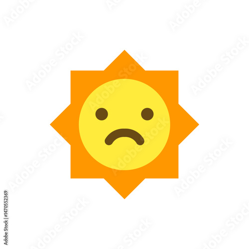 A sad yellow sun with a frowning face and brown eyes surrounded by orange sun rays on a white background