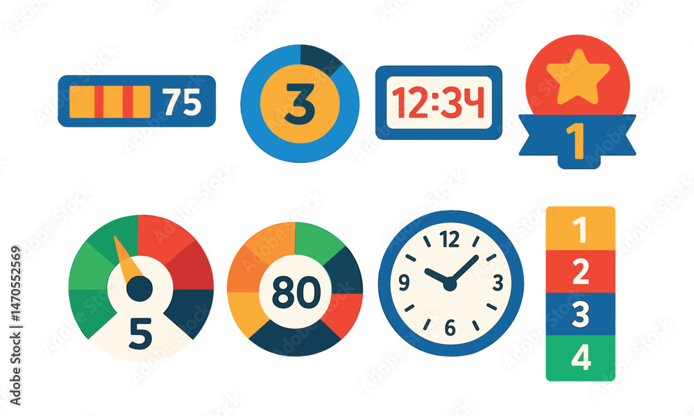 Flat vector icons of numeric progress: loading bar with numbers, countdown circle 3-2-1, timer with digits, level-up badge with number, numeric dial, stats indicator with values, clock face with Flat vector icons of numeric progress: loading bar with numbers, countdown circle 3-2-1, timer with digits, level-up badge with number, numeric dial, stats indicator with values, clock face with