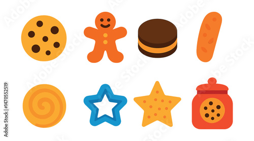 Flat vector icons of cookies and biscuits: chocolate chip cookie, gingerbread man, sandwich cookie, biscotti, butter cookie, cookie cutter, sugar cookie, cookie jar.