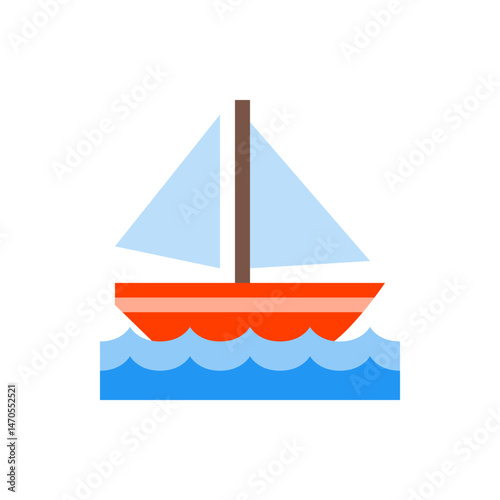 Illustration of a simple sailboat with a blue sail and orange hull sailing on blue wavy water in a cartoon style